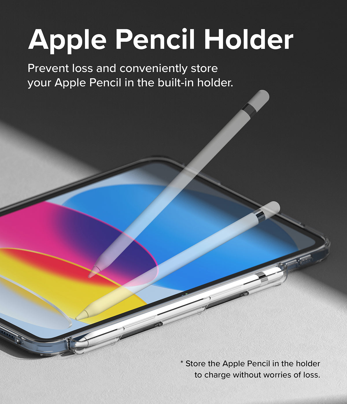 Fusion + Outstanding | iPad - iPad in a clear case with an Apple Pencil stored in the integrated side holder.