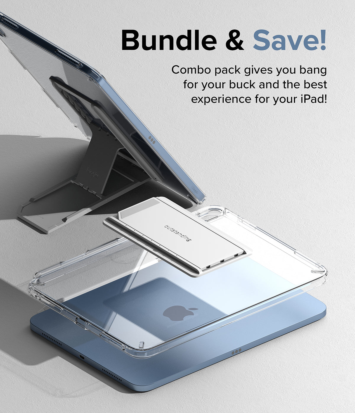Fusion + Outstanding | iPad - Clear iPad case and white tablet stand on a blue iPad, with text promoting a bundle deal.