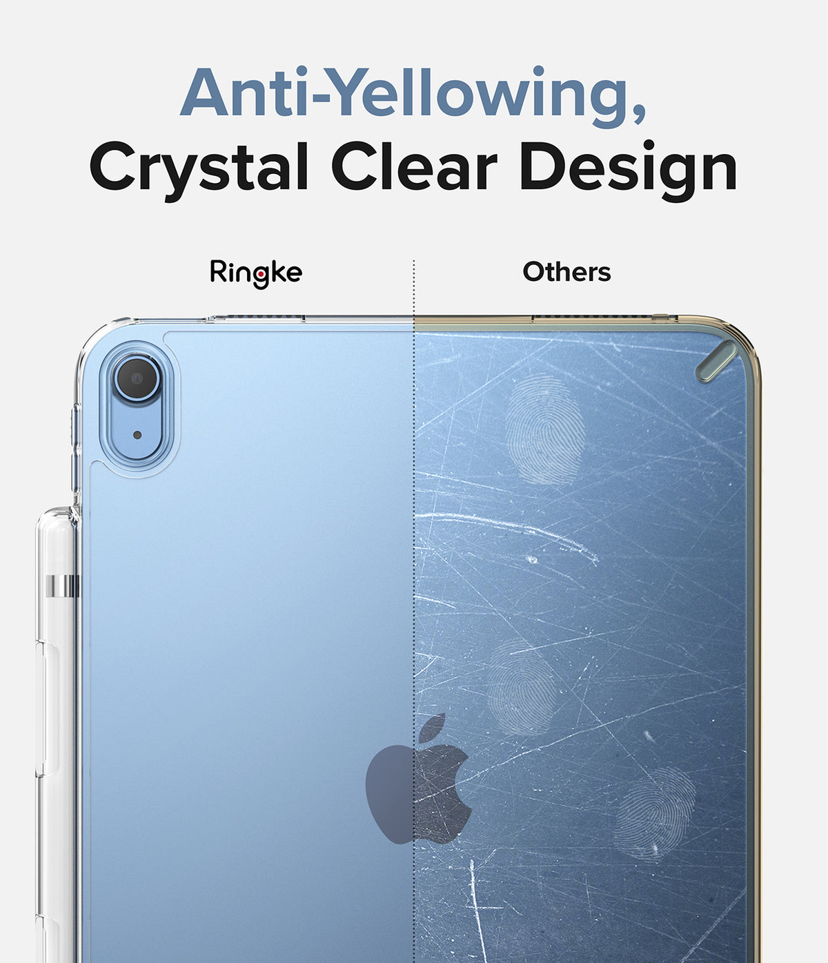 Fusion + Outstanding | iPad - Comparison showing a clear, scratch-free Ringke case versus a yellowed, scratched competitor.