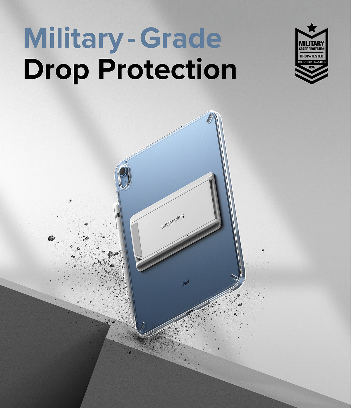 Fusion + Outstanding | iPad - Clear iPad case with a white kickstand floating above debris, highlighting military-grade drop protection.