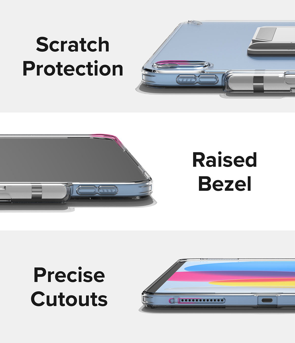 Fusion + Outstanding | iPad - Three panels showing iPad case features: scratch protection, raised bezels, and precise cutouts.