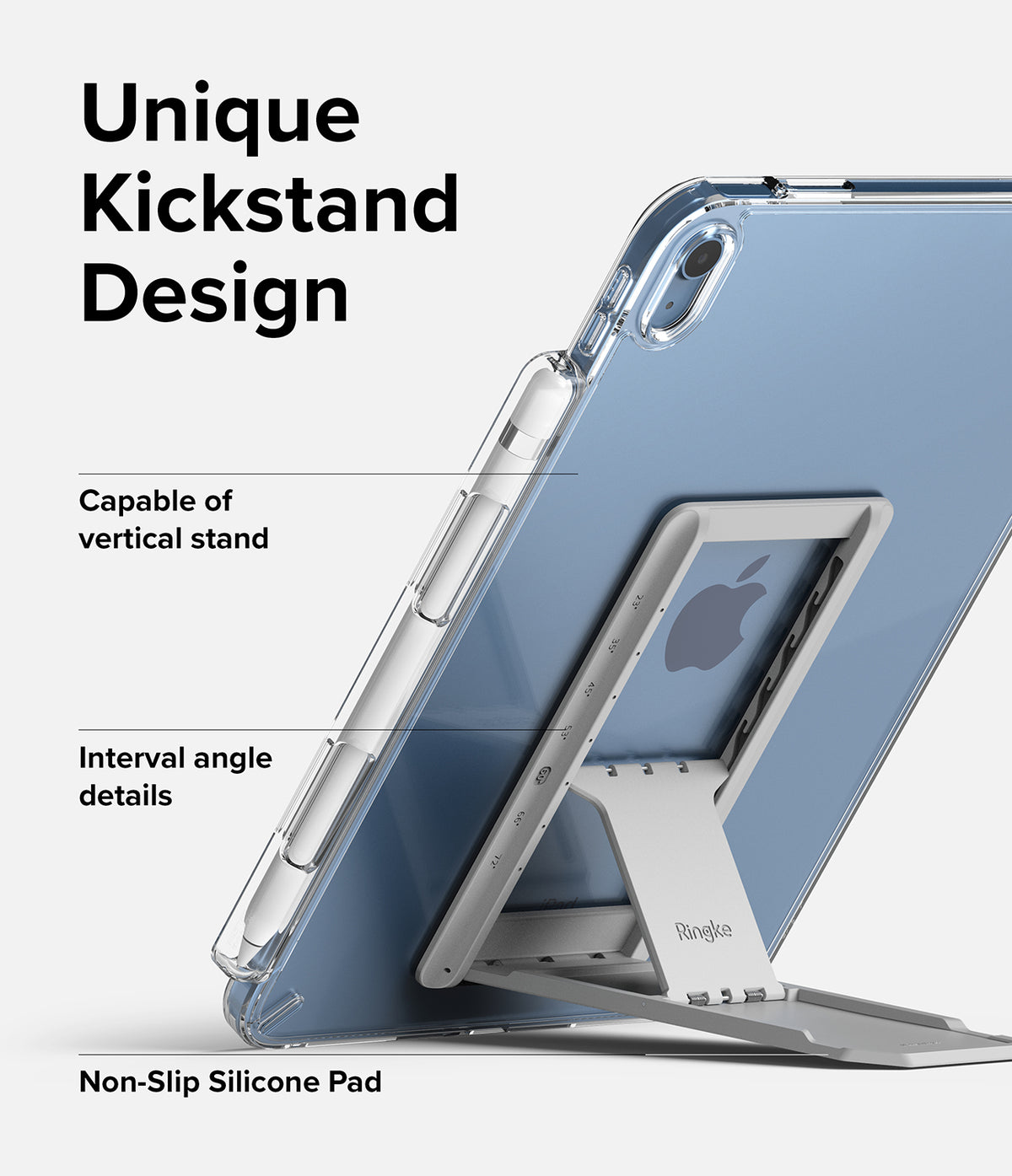 Fusion + Outstanding | iPad - Clear iPad case with an adjustable silver kickstand showing various angle settings.