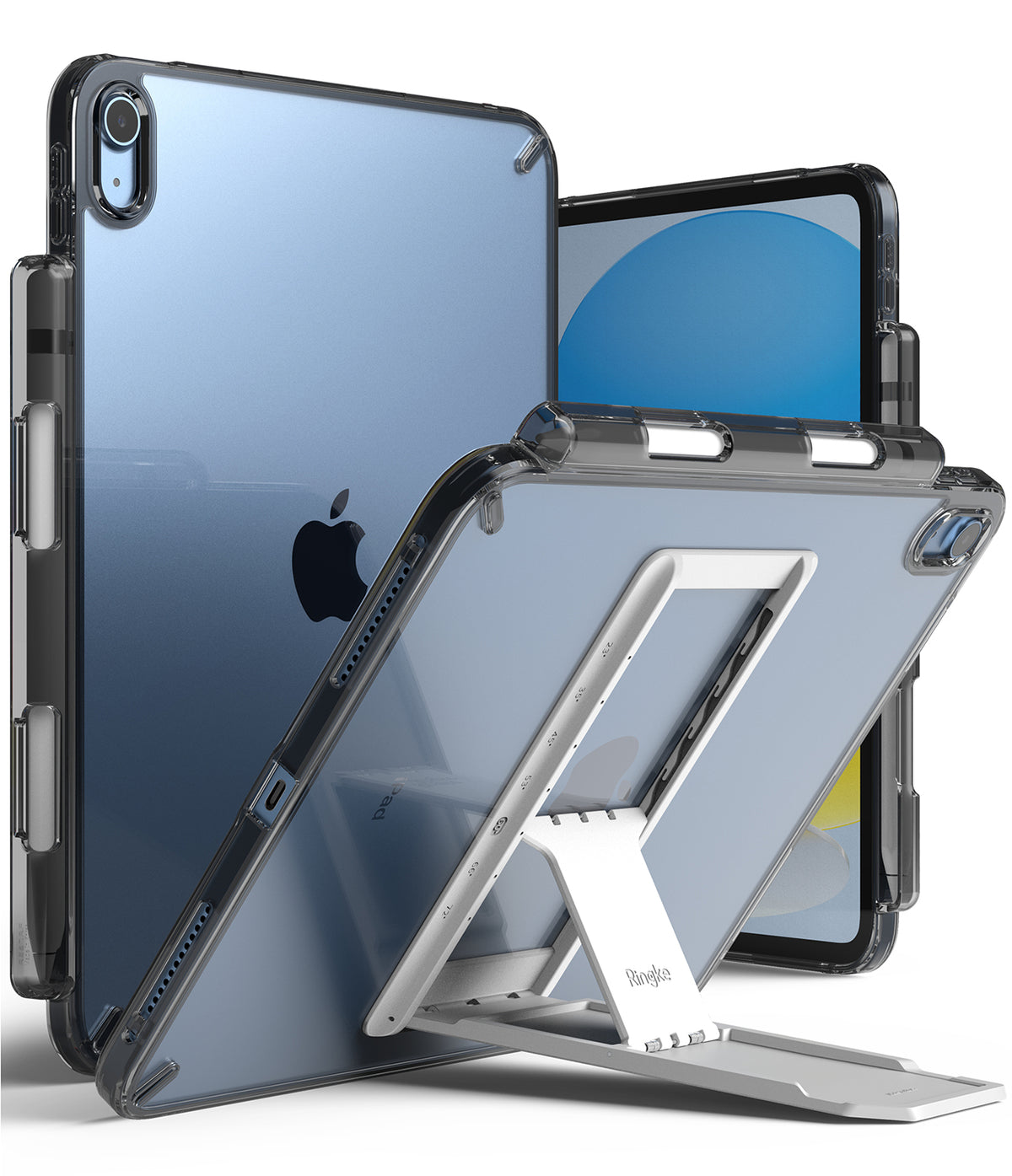Fusion + Outstanding | iPad - Clear protective case with an integrated adjustable white kickstand on a blue iPad.