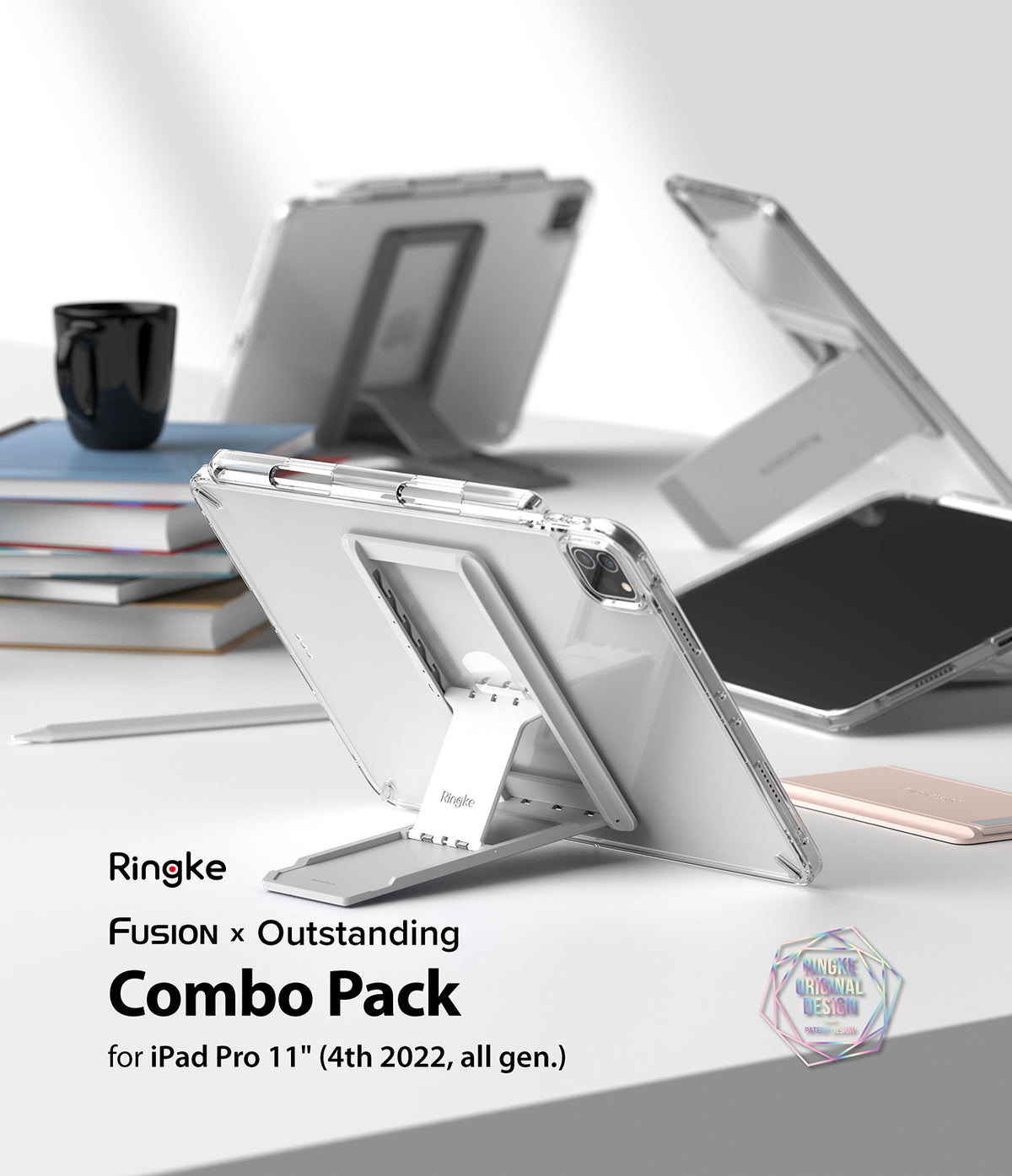 Fusion + Outstanding | iPad - Clear iPad Pro cases with integrated folding kickstands displayed on a desk.