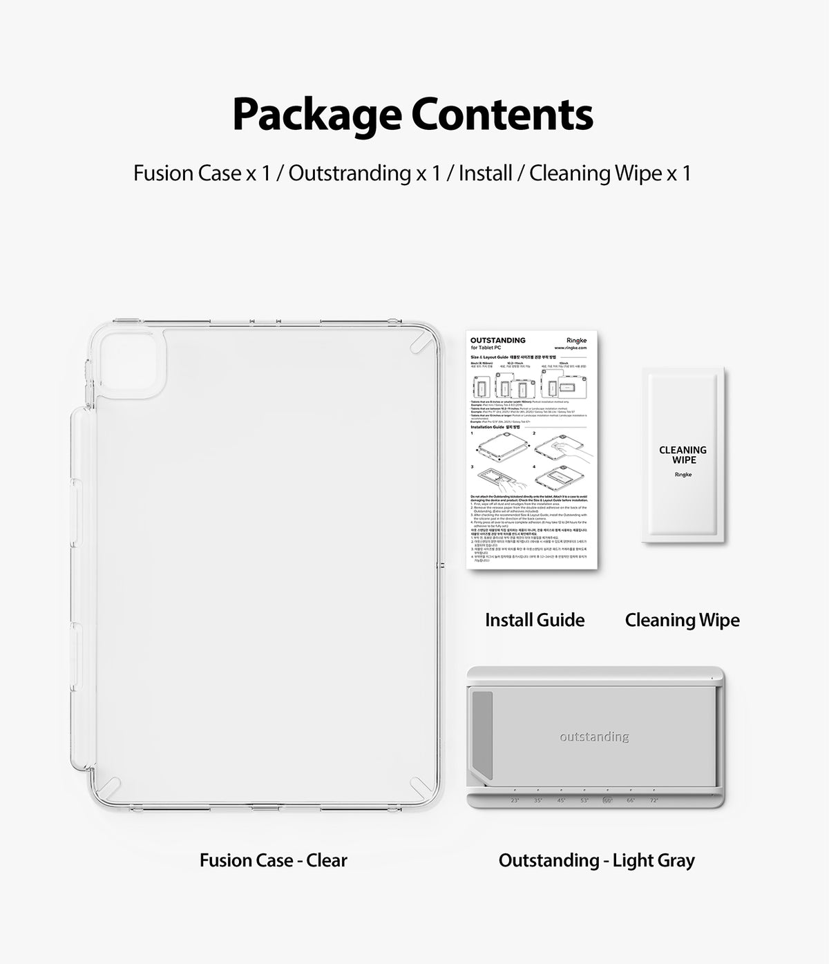 Fusion + Outstanding | iPad - Clear Fusion case, light gray kickstand, installation guide, and cleaning wipe.