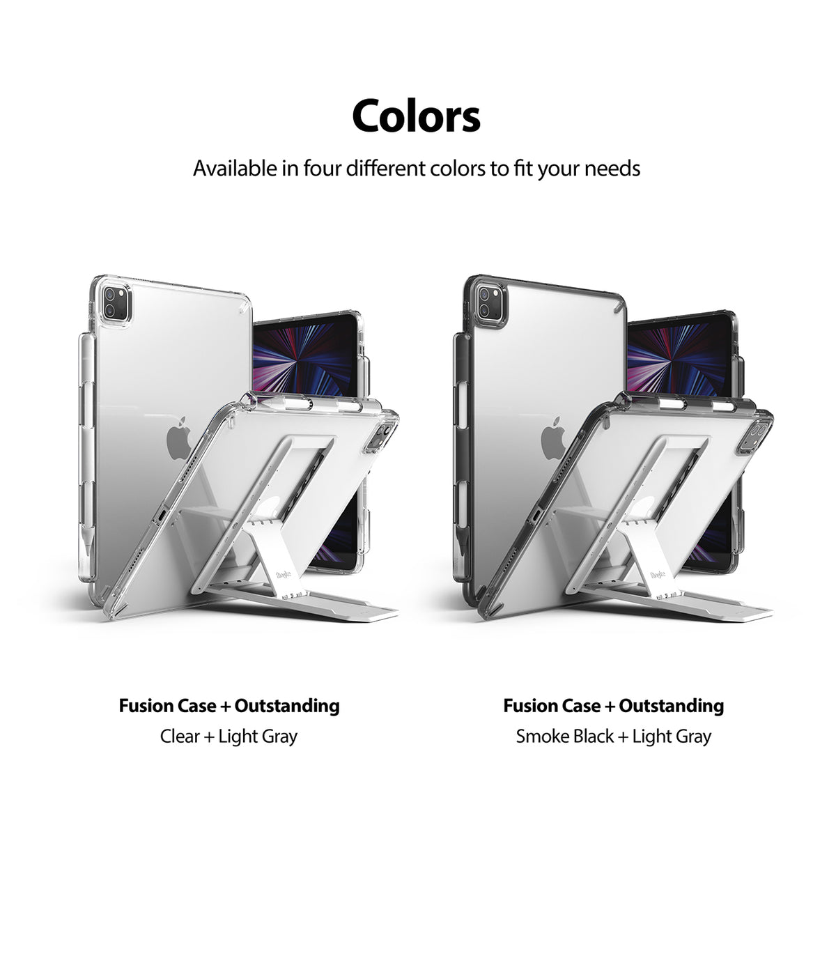 Fusion + Outstanding | iPad - Two iPads in clear and smoke black cases with light gray kickstands on white background.