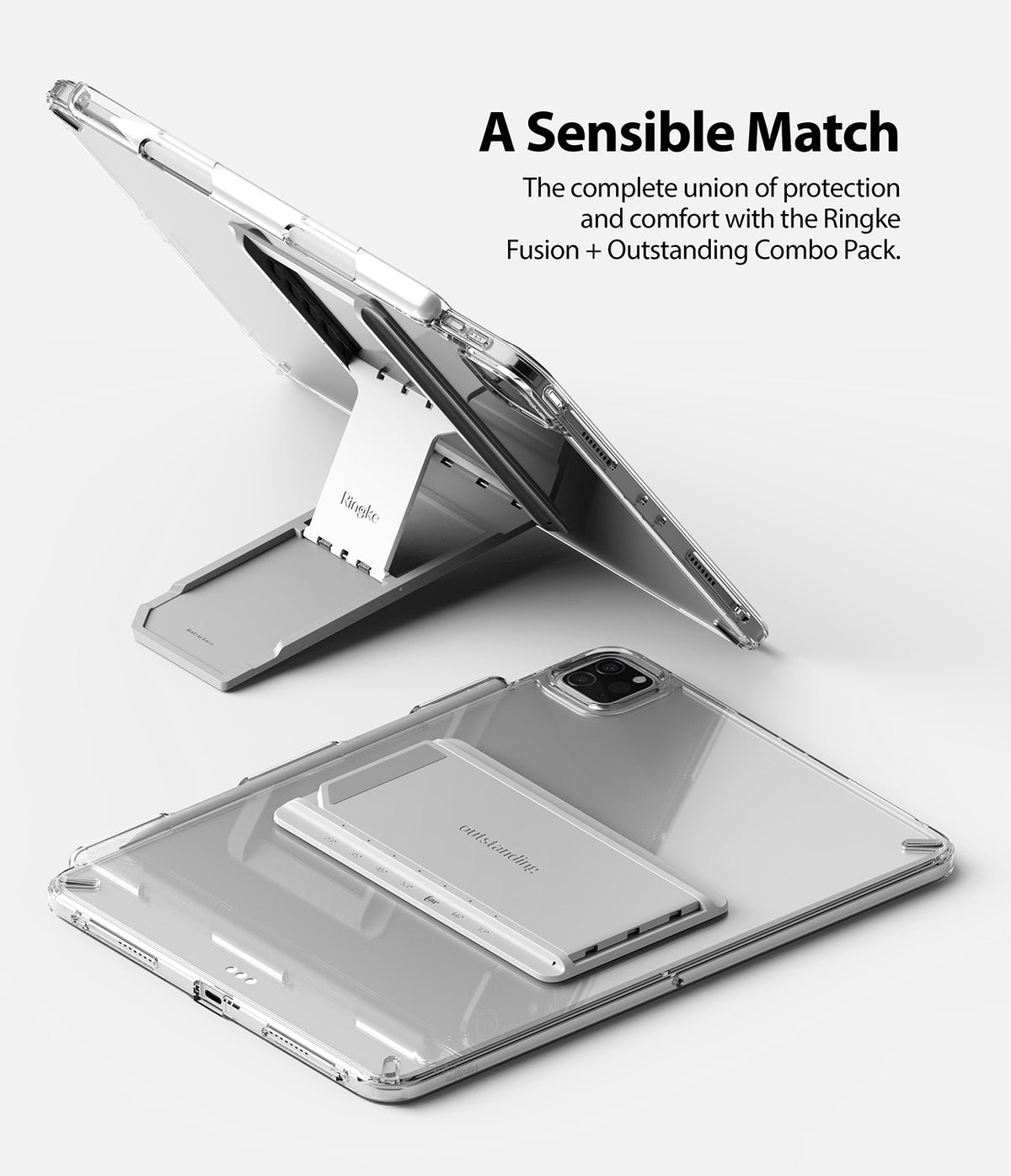 Fusion + Outstanding | iPad - Clear iPad case with a foldable silver kickstand attached to the back, shown upright and flat.