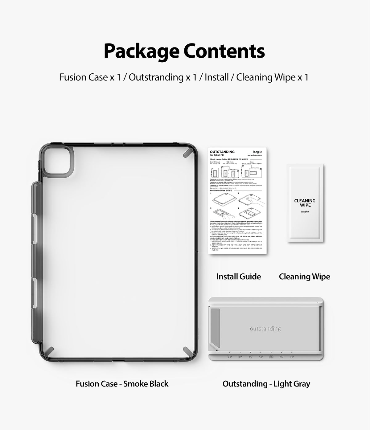 Fusion + Outstanding | iPad - Package contents showing a smoke black Fusion case, light gray Outstanding kickstand, guide, and wipe.