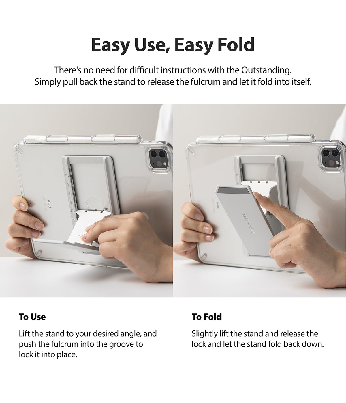 Fusion + Outstanding | iPad - Hands demonstrating how to adjust and fold the iPad stand attached to a clear protective case.