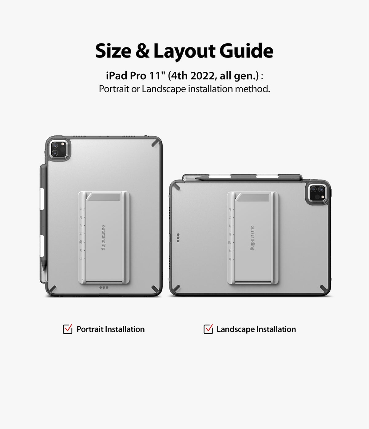 Fusion + Outstanding | iPad - iPad Pro 11-inch with a kickstand shown in both portrait and landscape orientations.