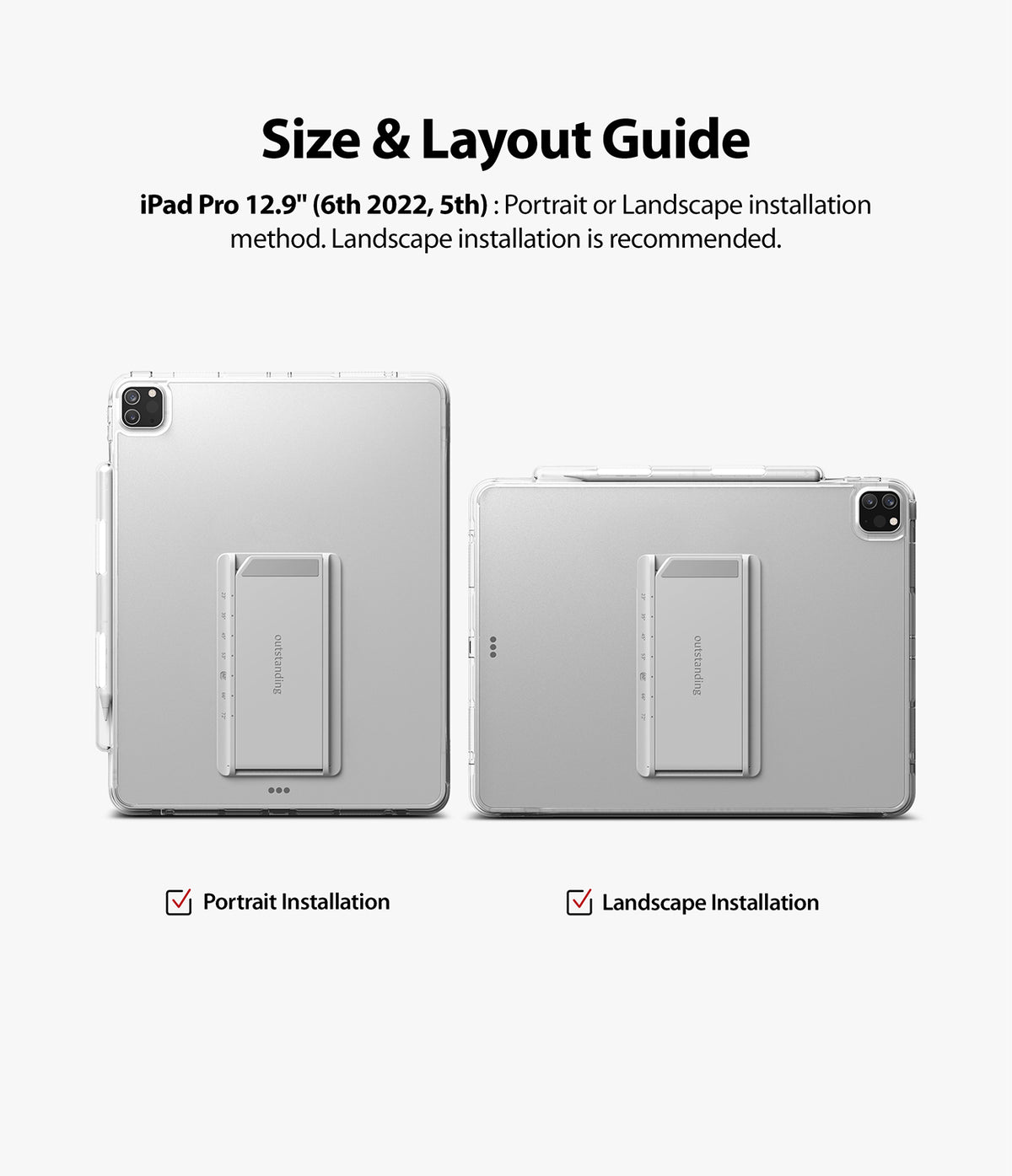 Fusion Plus + Outstanding | iPad - iPad Pro 12.9 inch showing portrait and landscape kickstand installation options.
