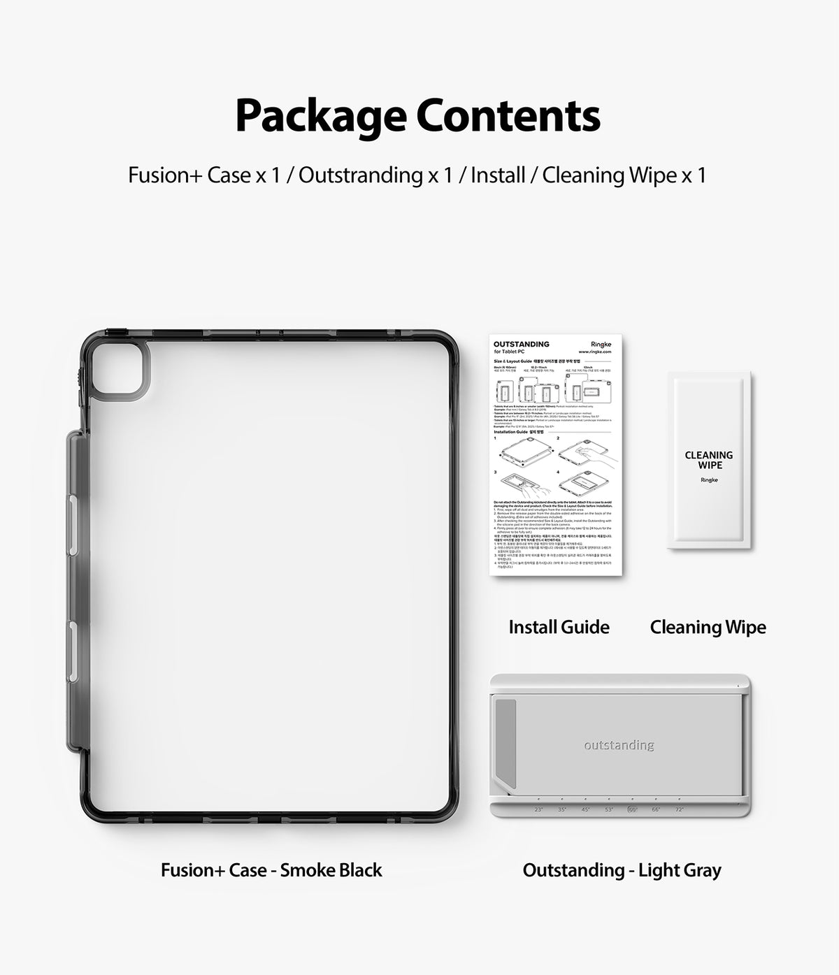 Fusion Plus + Outstanding | iPad - Smoke black tablet case, light gray kickstand, installation guide, and cleaning wipe.
