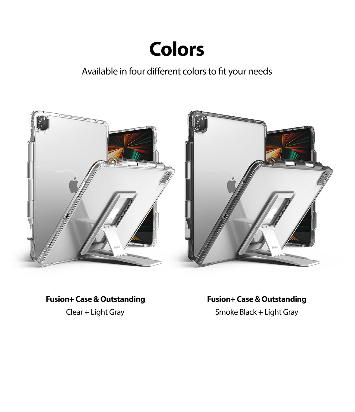 Fusion Plus + Outstanding | iPad - Two iPads with kickstands in clear and smoke black cases against a white background.