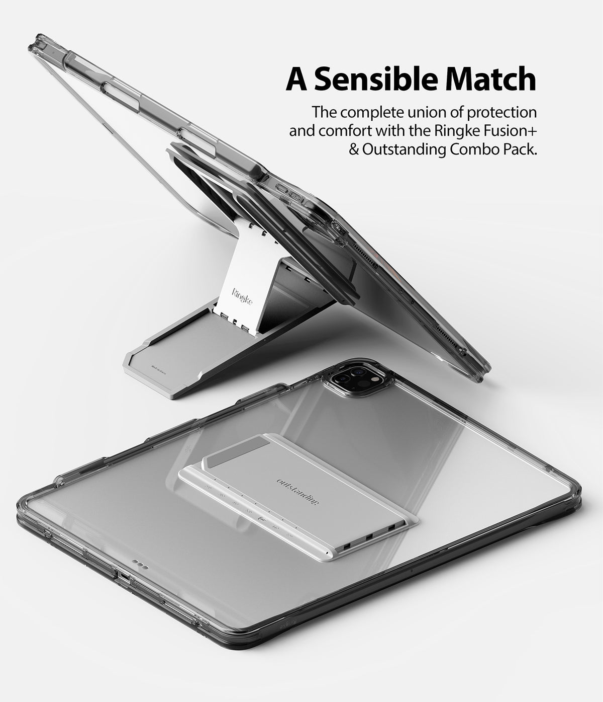 Fusion Plus + Outstanding | iPad - iPad in a clear case with a foldable silver stand, shown both upright and lying flat.
