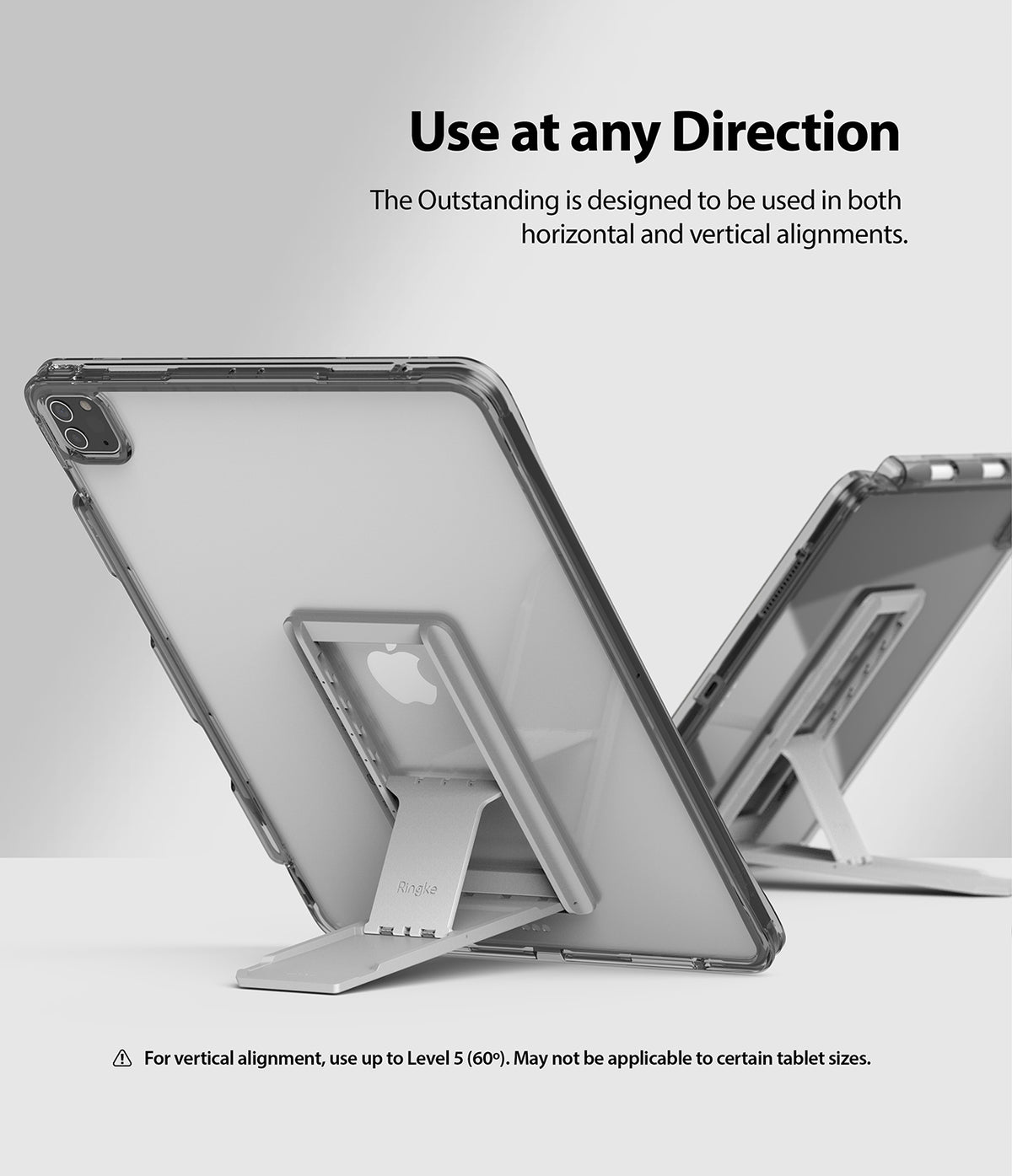 Fusion Plus + Outstanding | iPad - Two iPads in clear cases with silver kickstands positioned vertically and horizontally.
