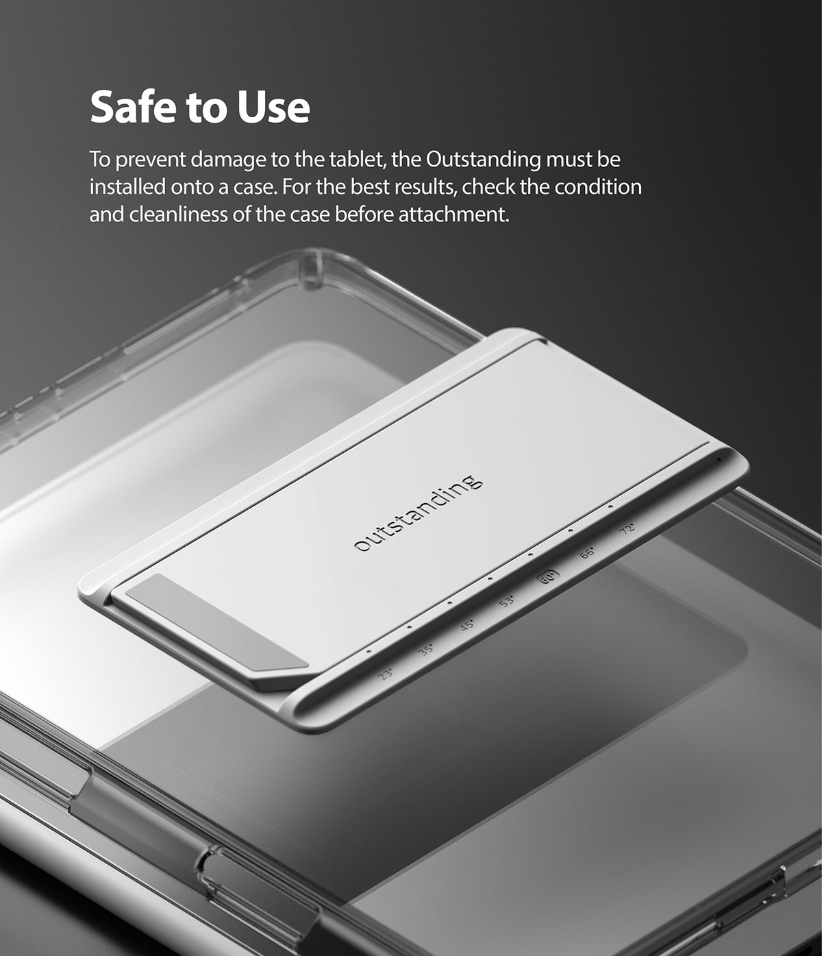 Fusion Plus + Outstanding | iPad - A silver, foldable tablet stand labeled "outstanding" hovering above a clear iPad case.