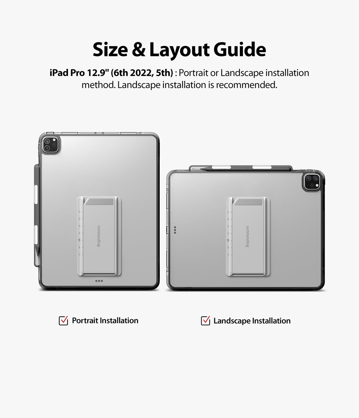 Fusion Plus + Outstanding | iPad - iPad Pro 12.9-inch showing portrait and landscape kickstand installation orientations.