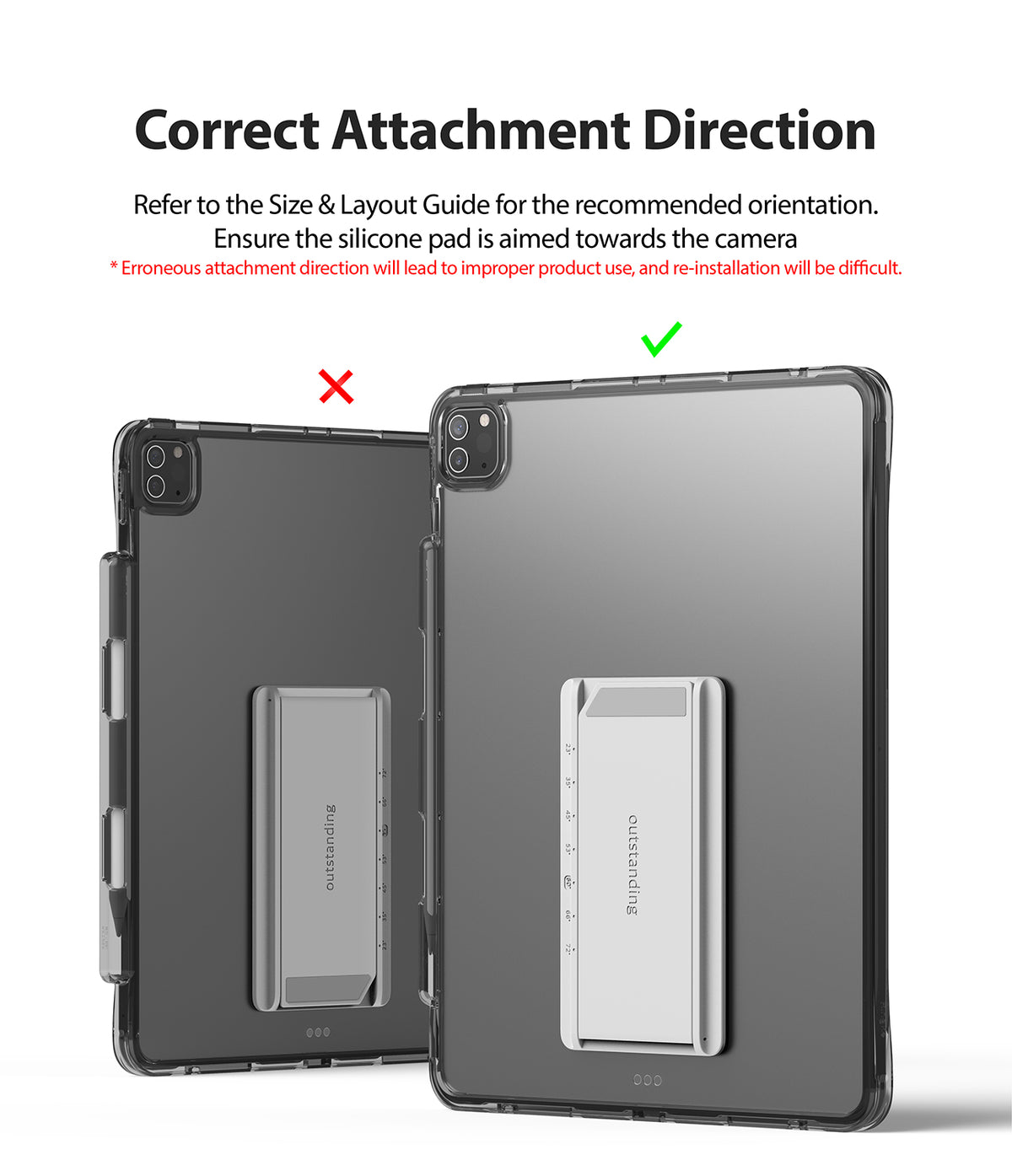Fusion Plus + Outstanding | iPad - Diagram showing correct vs. incorrect orientation of a stand attached to an iPad.