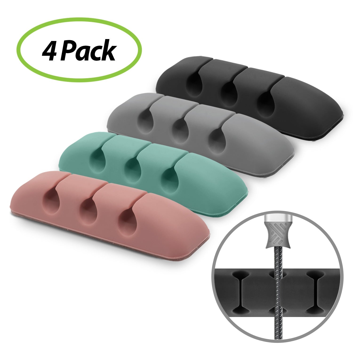 Silicone Cable Organizer - Four colorful silicone cable clips with three slots each, plus an inset showing cable usage.