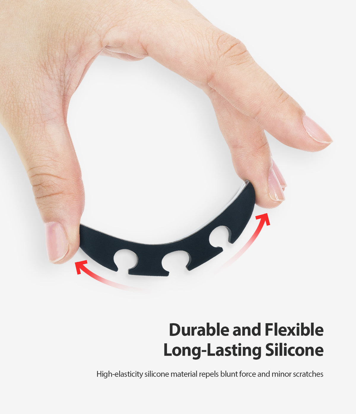 Silicone Cable Organizer - Hand bending a flexible black silicone cable holder with three slots against a white background.