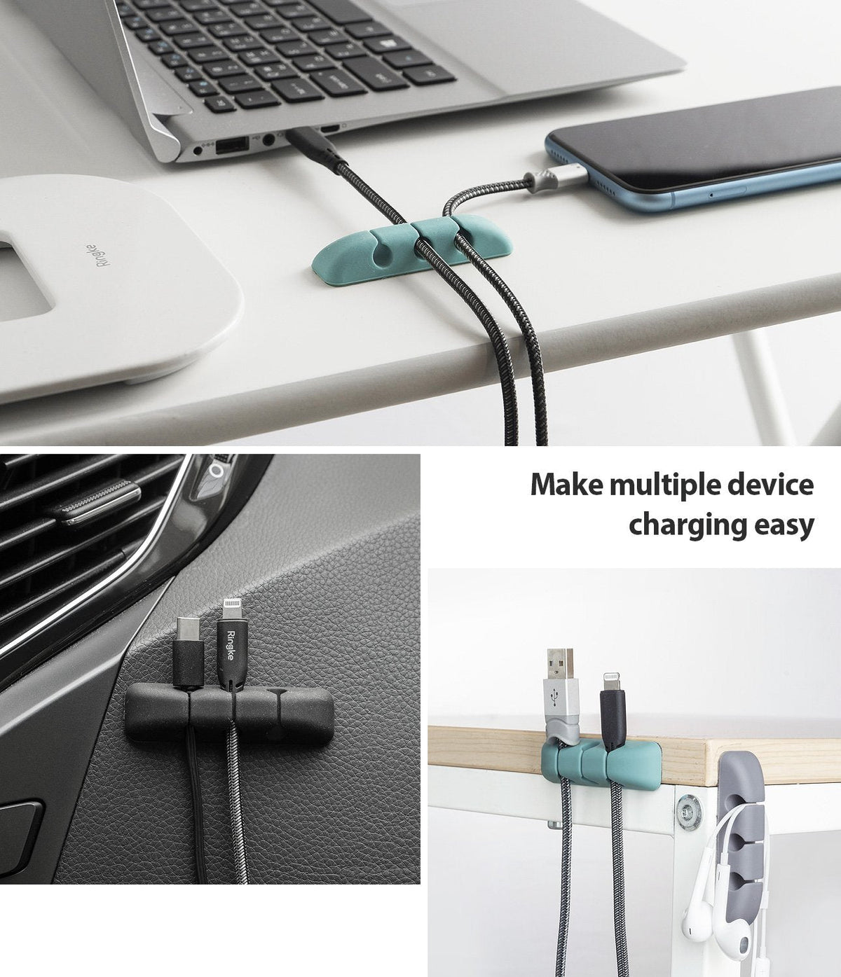 Silicone Cable Organizer - Silicone clips securing charging cables on desks and car dashboards to keep cords organized.