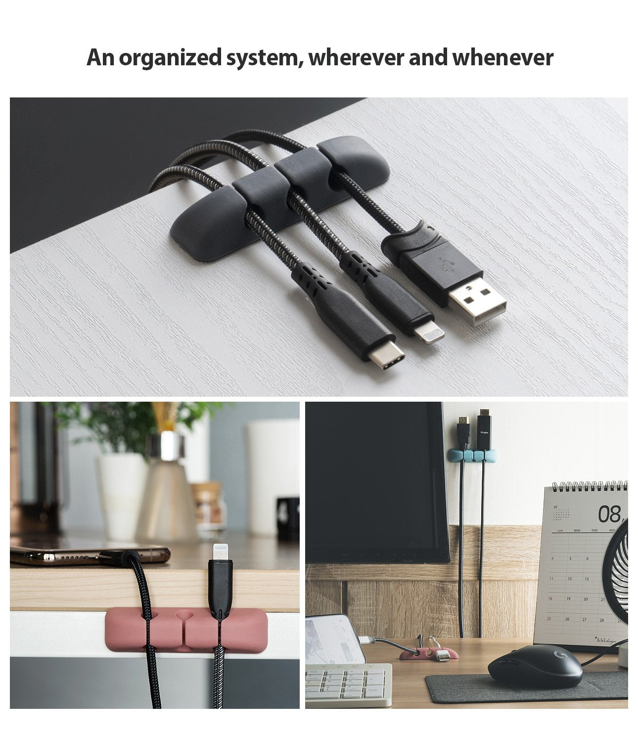 Silicone Cable Organizer - Three silicone clips holding various charging cables on desk edges and vertical surfaces.