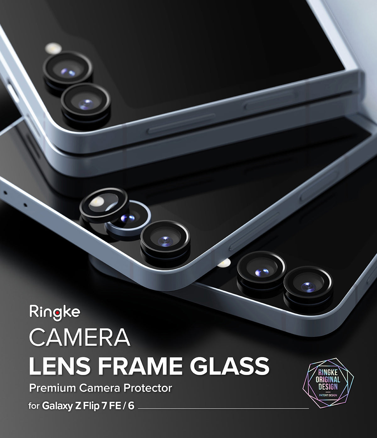 Galaxy Z Flip 7 FE | Camera Lens Frame Glass (2 Pack) - Camera Lens Frame Glass - Two black camera lens protectors being applied to a foldable smartphone.