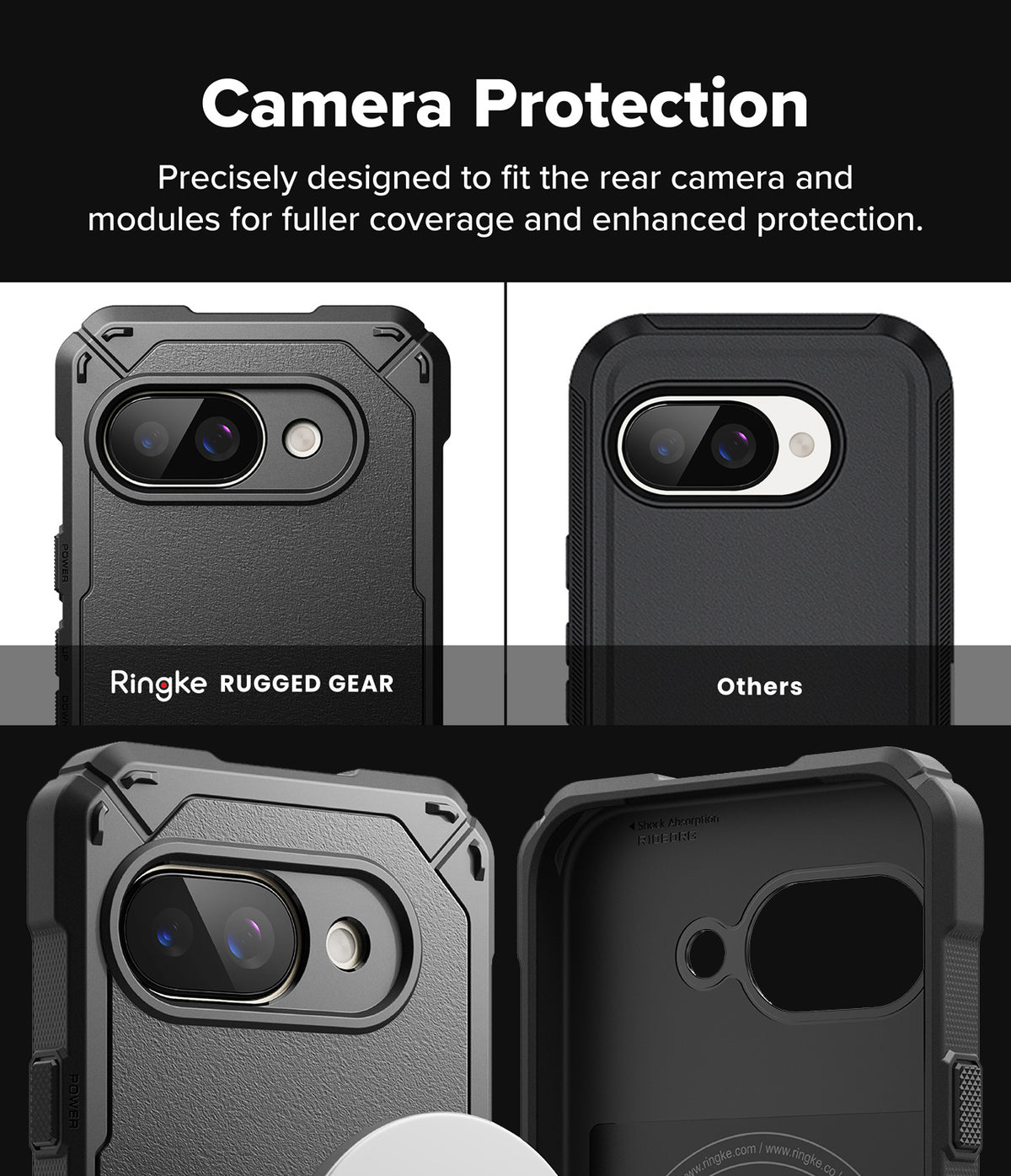 Google Pixel 9a Case | Rugged Gear Magnetic - Comparison showing the protective camera cutout of a Ringke case.