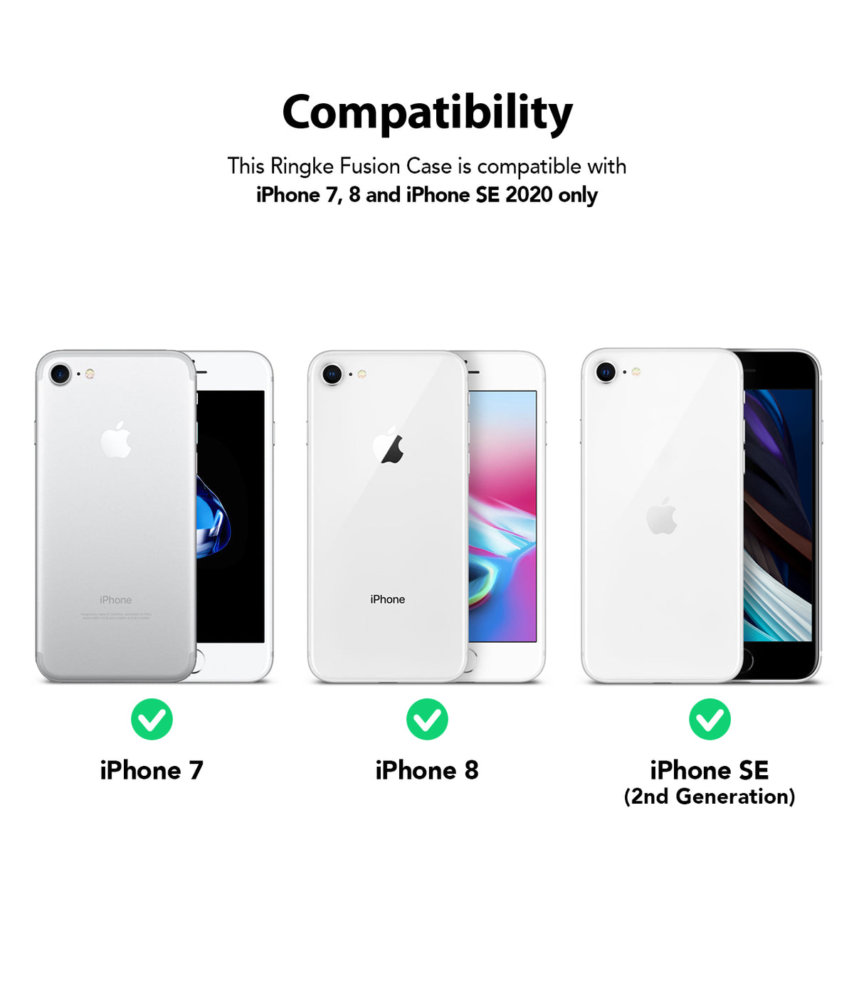 iPhone 8 / 7 Case | Fusion - Clear - Compatibility chart showing the case fits iPhone 7, 8, and SE 2nd Gen with green checkmarks.