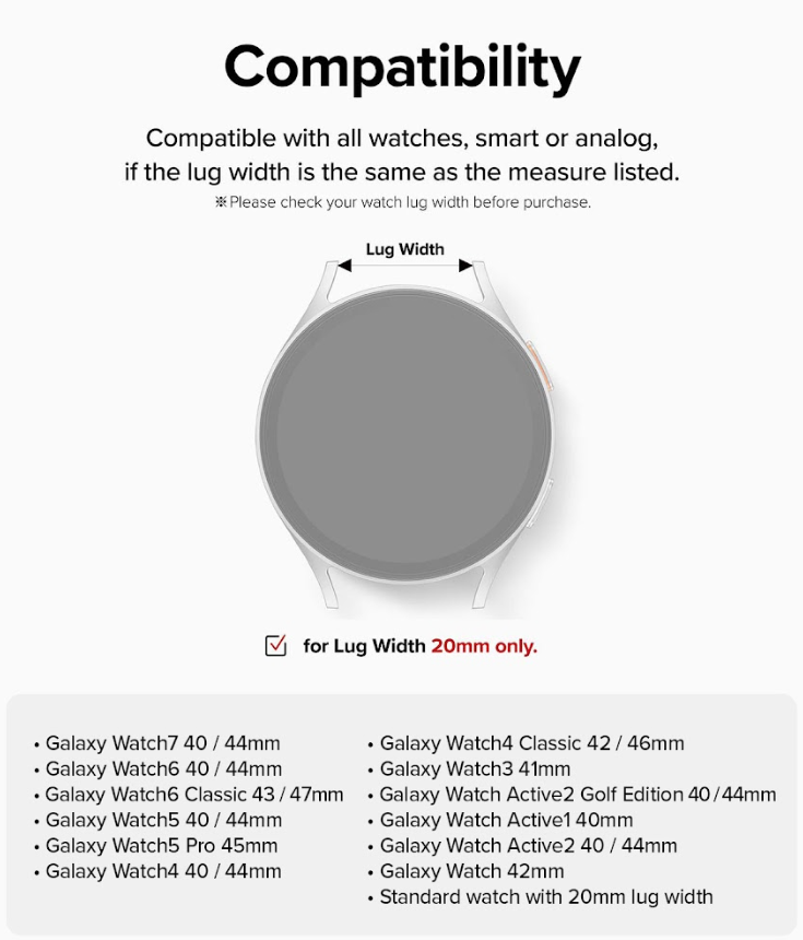 Watch Lug 20mm | Rubber One Bold Band - Design - Diagram showing watch lug width measurement for 20mm compatible models.