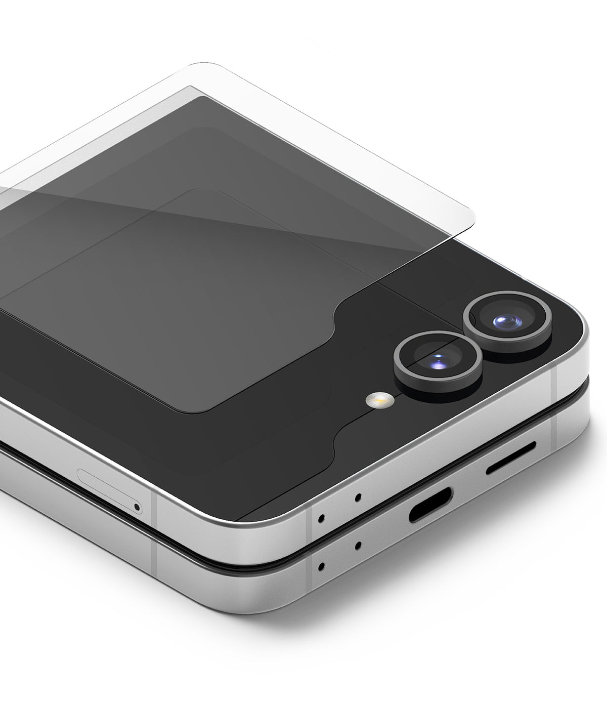 Galaxy Z Flip 7 FE Screen Protector | Cover Display Glass (2 Pack) - Transparent glass protector hovering above the folded phone's cover display.