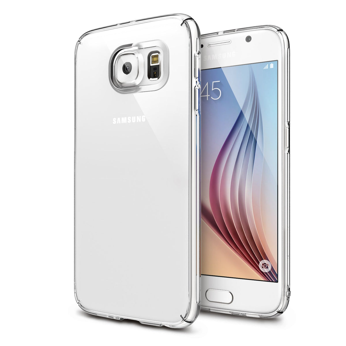 Galaxy S6 Case | Slim - Clear protective case on a white Samsung Galaxy S6 smartphone shown from front and back angles.