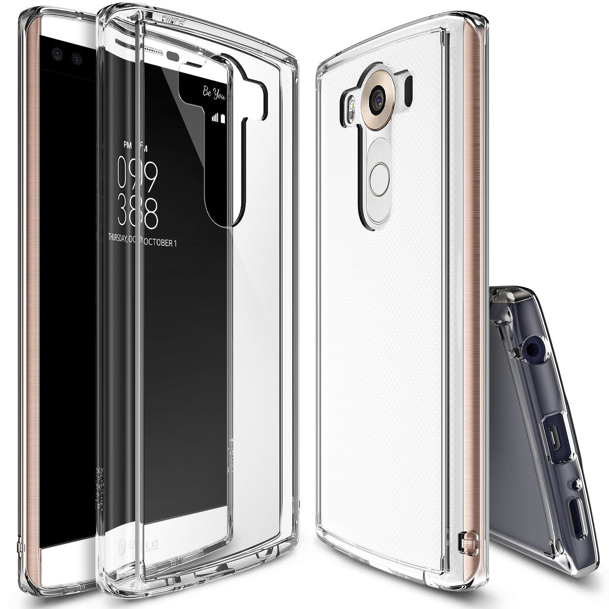 LG V10 Case | Fusion - Clear protective phone case shown from front, back, and bottom angles with rose gold accents.