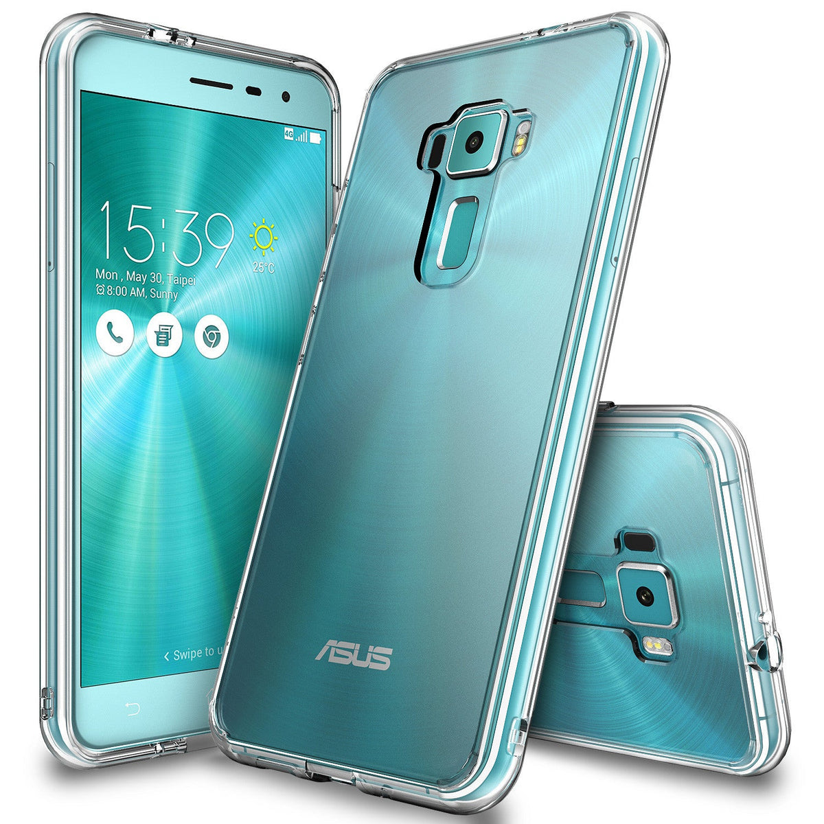 Zenfone 3 Case | Fusion - Clear protective phone case shown from front and back angles on a teal Zenfone 3 device.