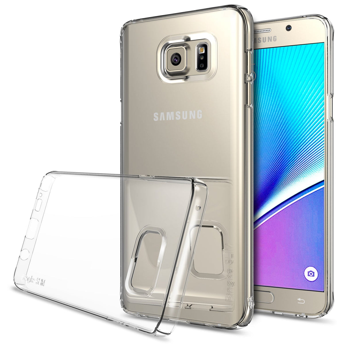 Galaxy Note 5 Case | Slim - Clear protective phone case shown next to a gold Samsung Galaxy Note 5 smartphone.