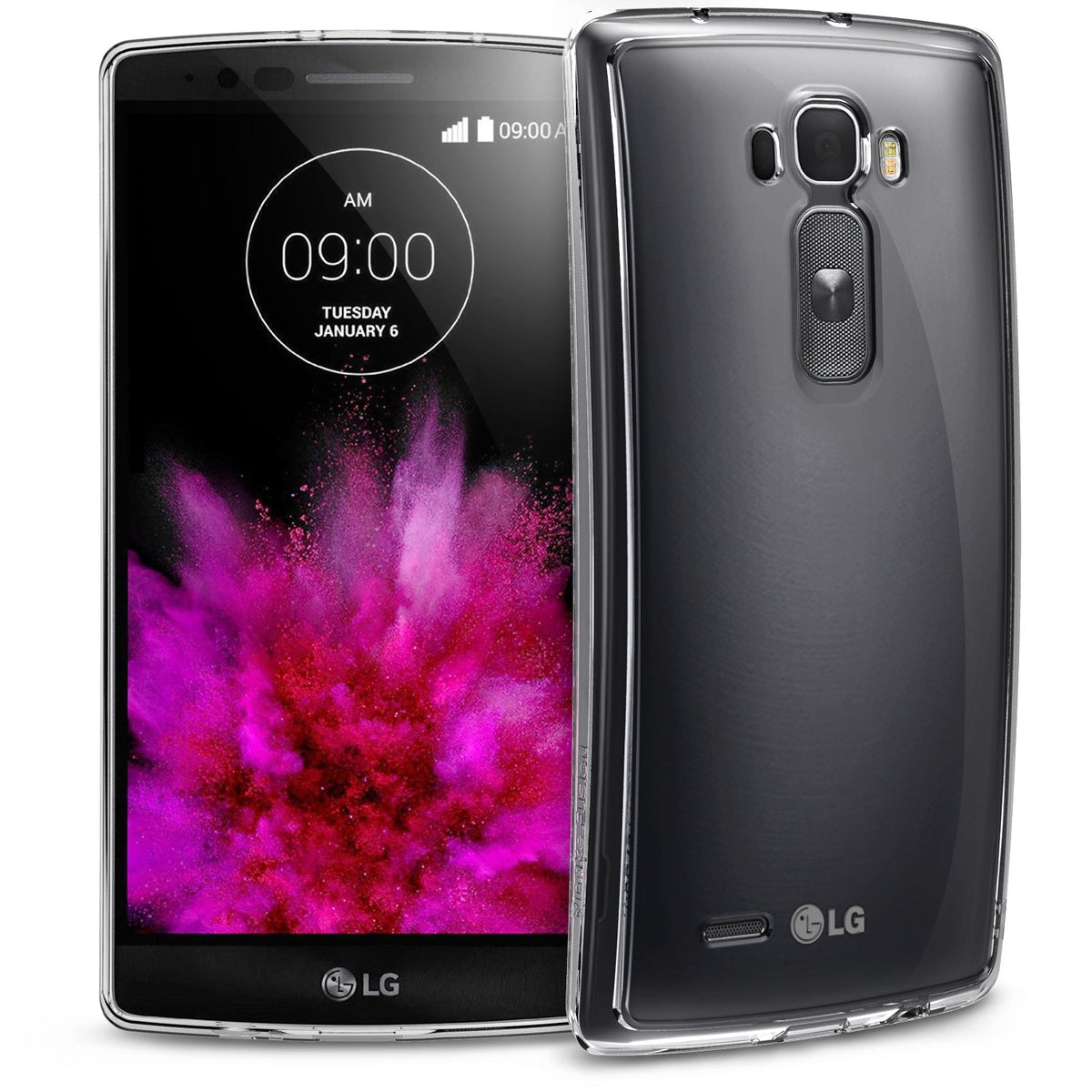 LG G Flex 2 Case | Fusion - Front and back views of a curved LG smartphone in a clear protective case.