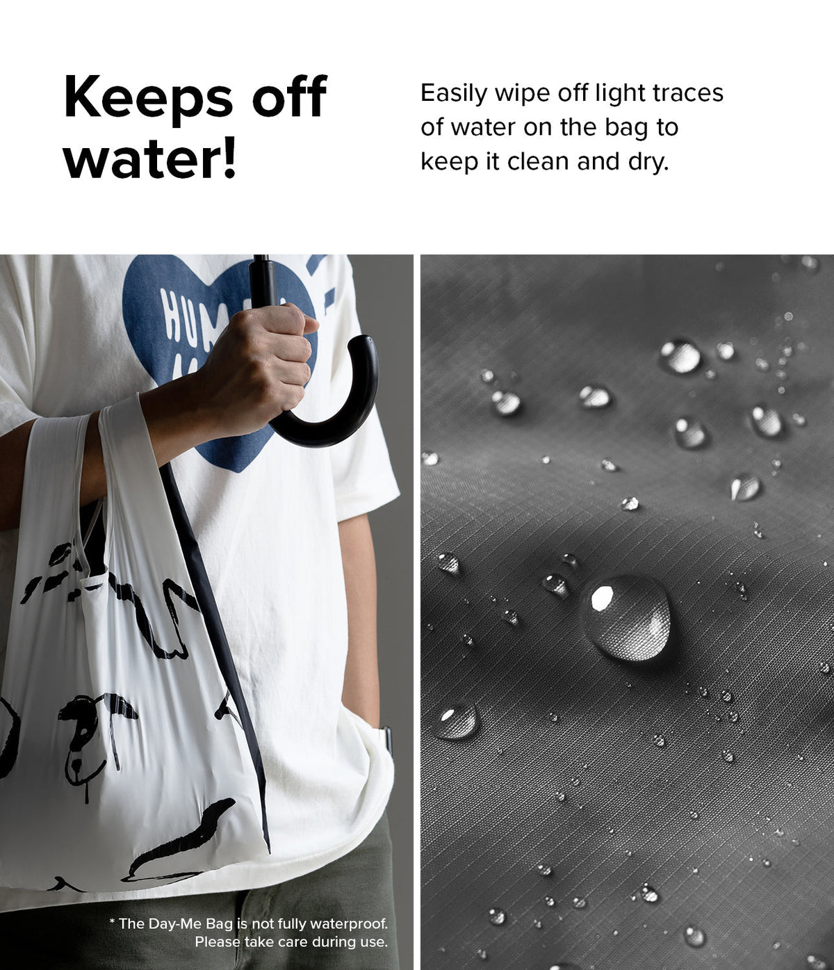 Day-Me Bag - A person holding a water-resistant bag under an umbrella next to a close-up of water beads on the fabric.