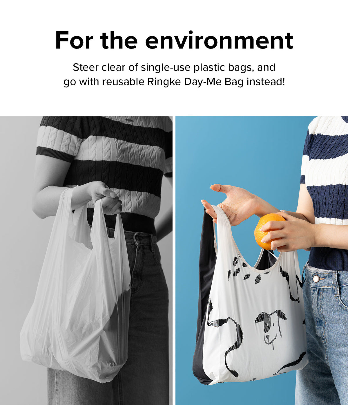Day-Me Bag - Comparison of a single-use plastic bag and a reusable white bag with a dog print holding an orange.