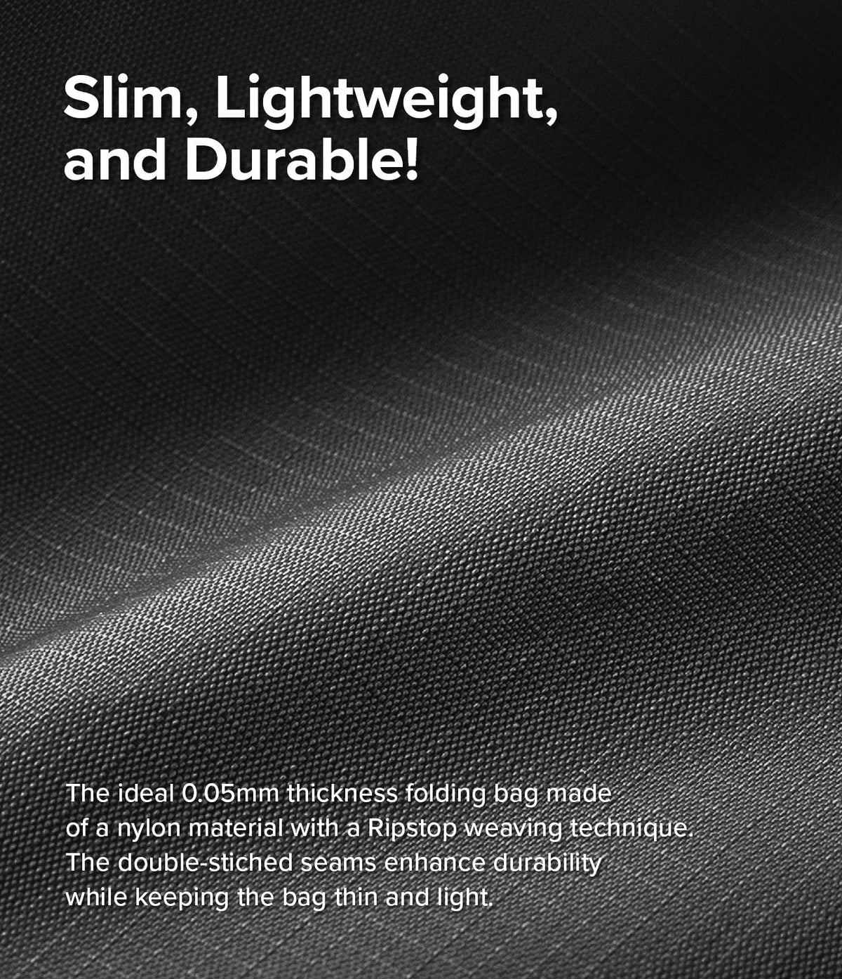 Day-Me Bag - Close-up of black ripstop nylon fabric with text highlighting its slim, lightweight, and durable design.