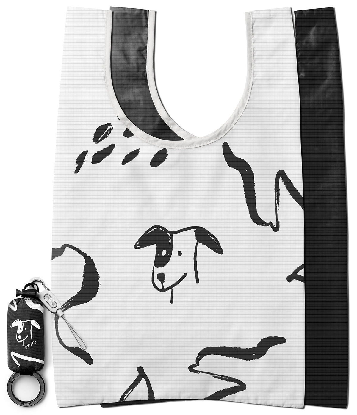 Day-Me Bag - White reusable tote with black hand-drawn dog illustrations and a matching compact storage pouch with keychain.