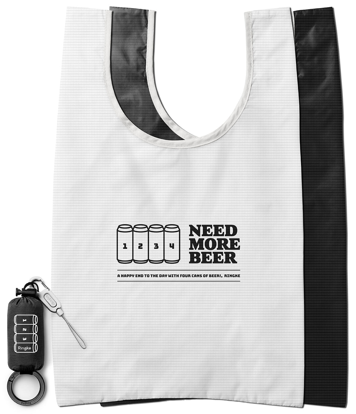 Day-Me Bag - White tote bag with "NEED MORE BEER" text and four-can graphic, shown with a matching black folded pouch.