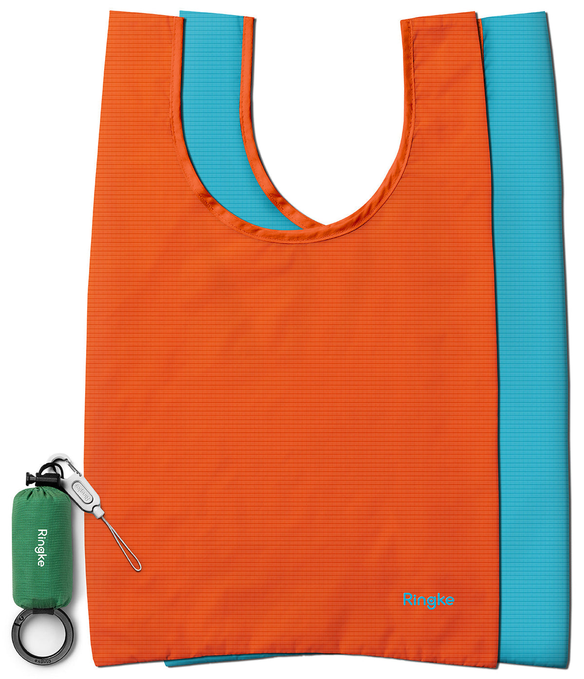 Day-Me Bag - Orange and blue reusable tote bags with a small green folded pouch featuring a Ringke carabiner and strap.