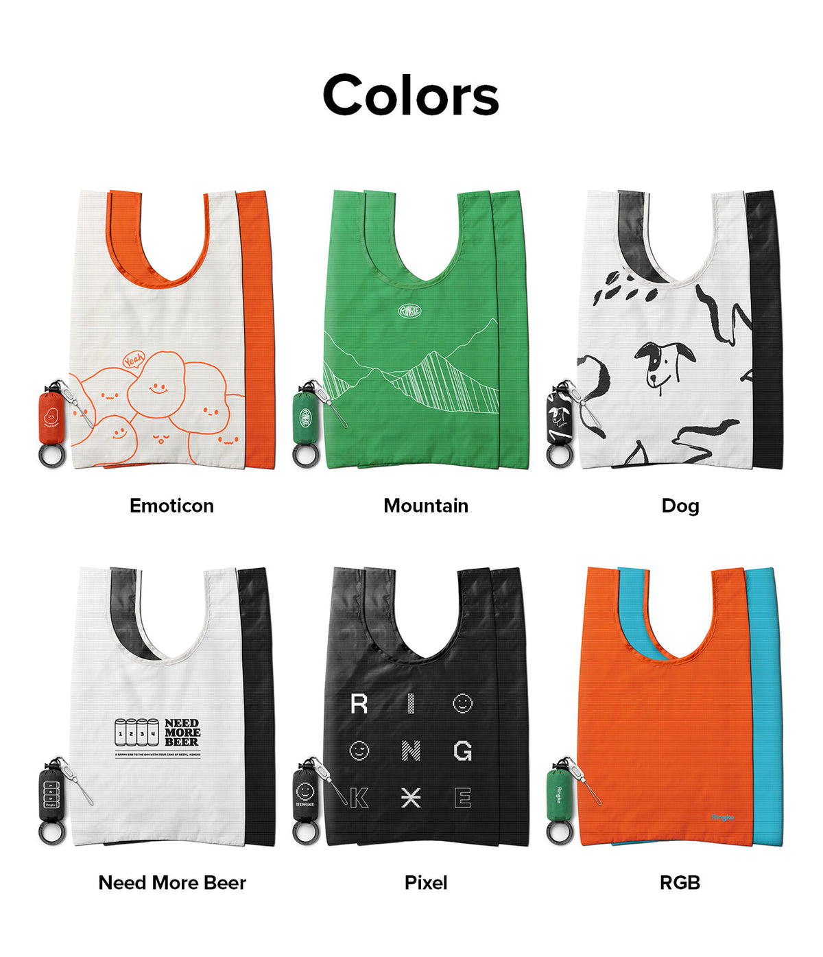 Day-Me Bag - Six colorful reusable shopping bags with unique patterns, each shown with its matching compact storage pouch.