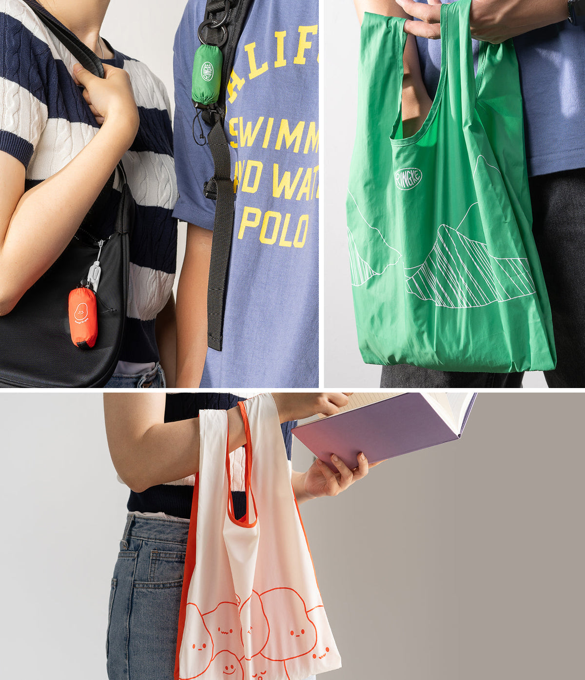 Day-Me Bag - Collapsible tote bags shown in green with mountain graphics and white with orange character patterns.