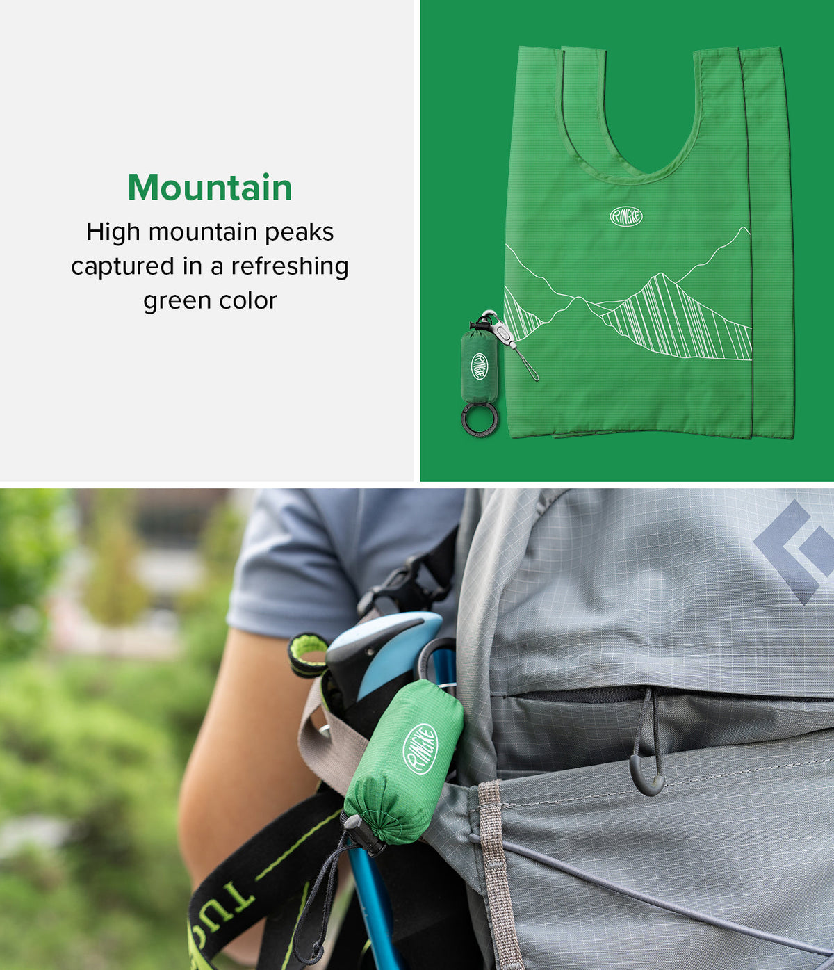 Day-Me Bag - Green tote with mountain line art, shown folded with a carabiner and attached to a grey hiking backpack.