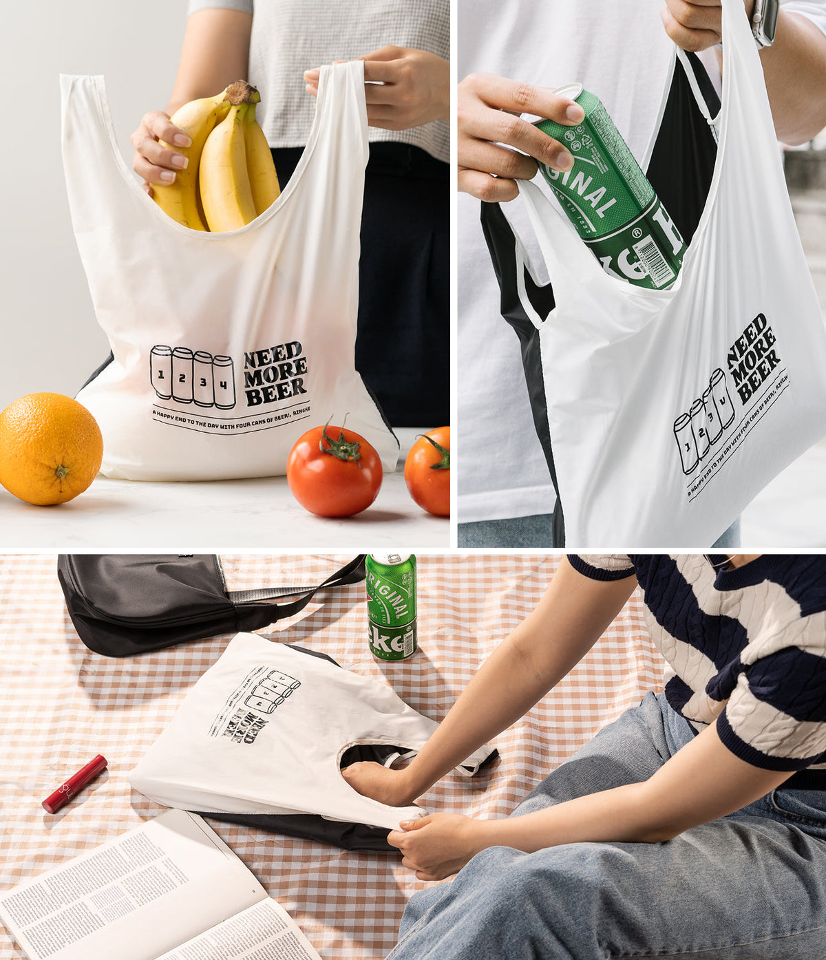 Day-Me Bag - White tote bag with "Need More Beer" graphic, shown holding groceries and beer cans in various settings.