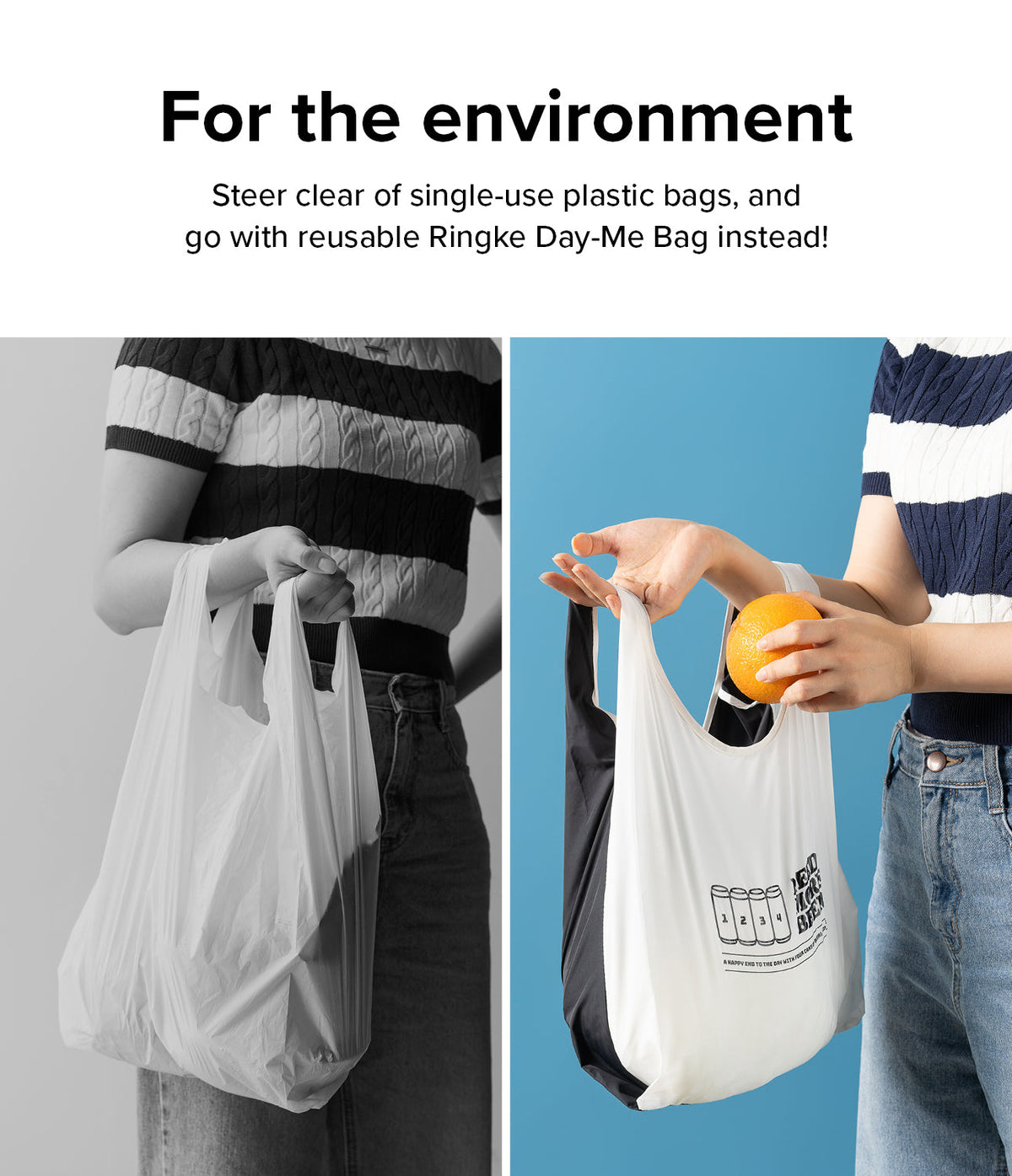 Day-Me Bag - Comparison of a single-use plastic bag and a reusable Ringke Day-Me bag held by a person.