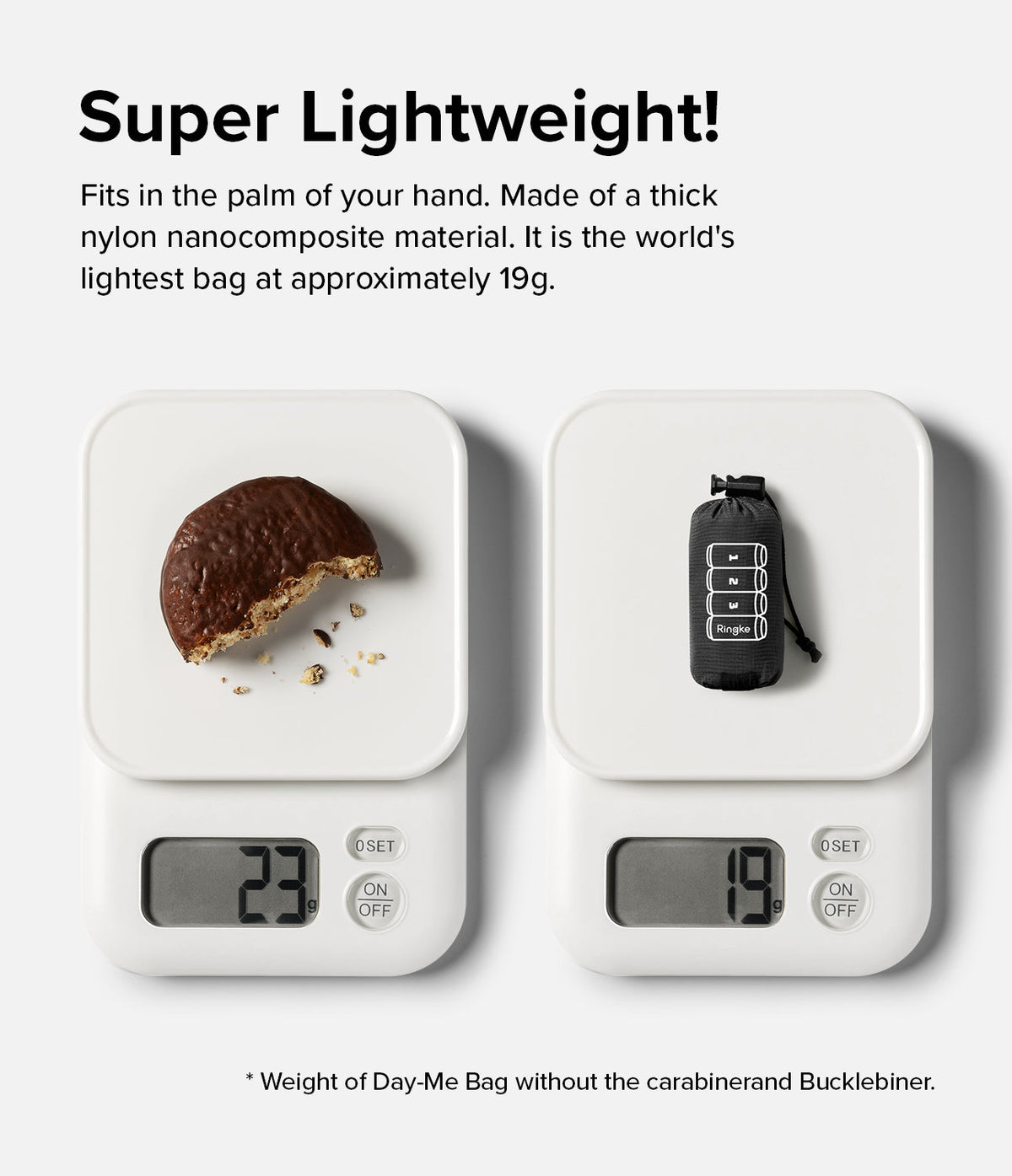 Day-Me Bag - A chocolate snack weighing 23g and a folded black Day-Me bag weighing 19g on two digital kitchen scales.