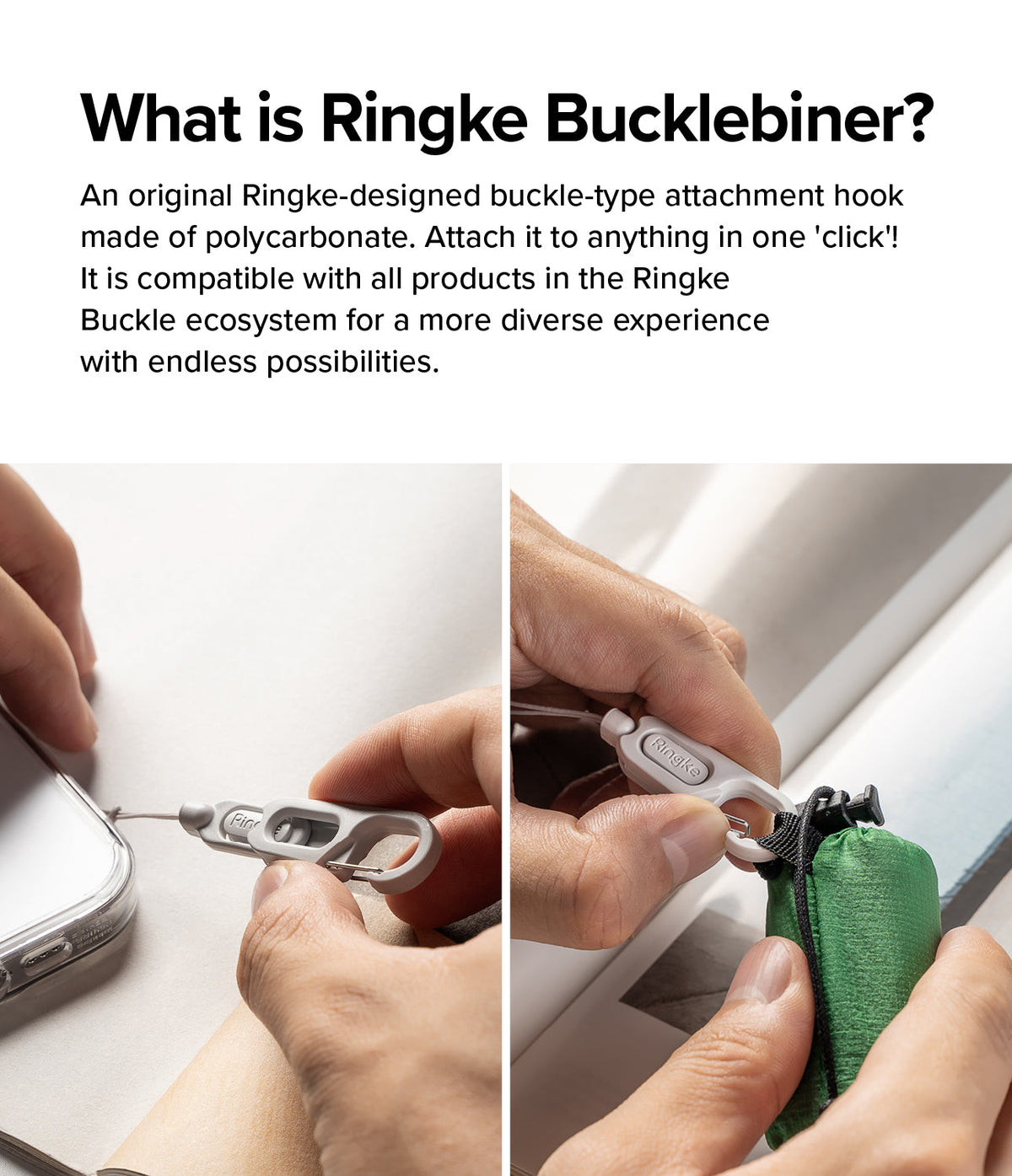 Day-Me Bag - Hands attaching a grey Ringke Bucklebiner to a phone case and a green fabric pouch.