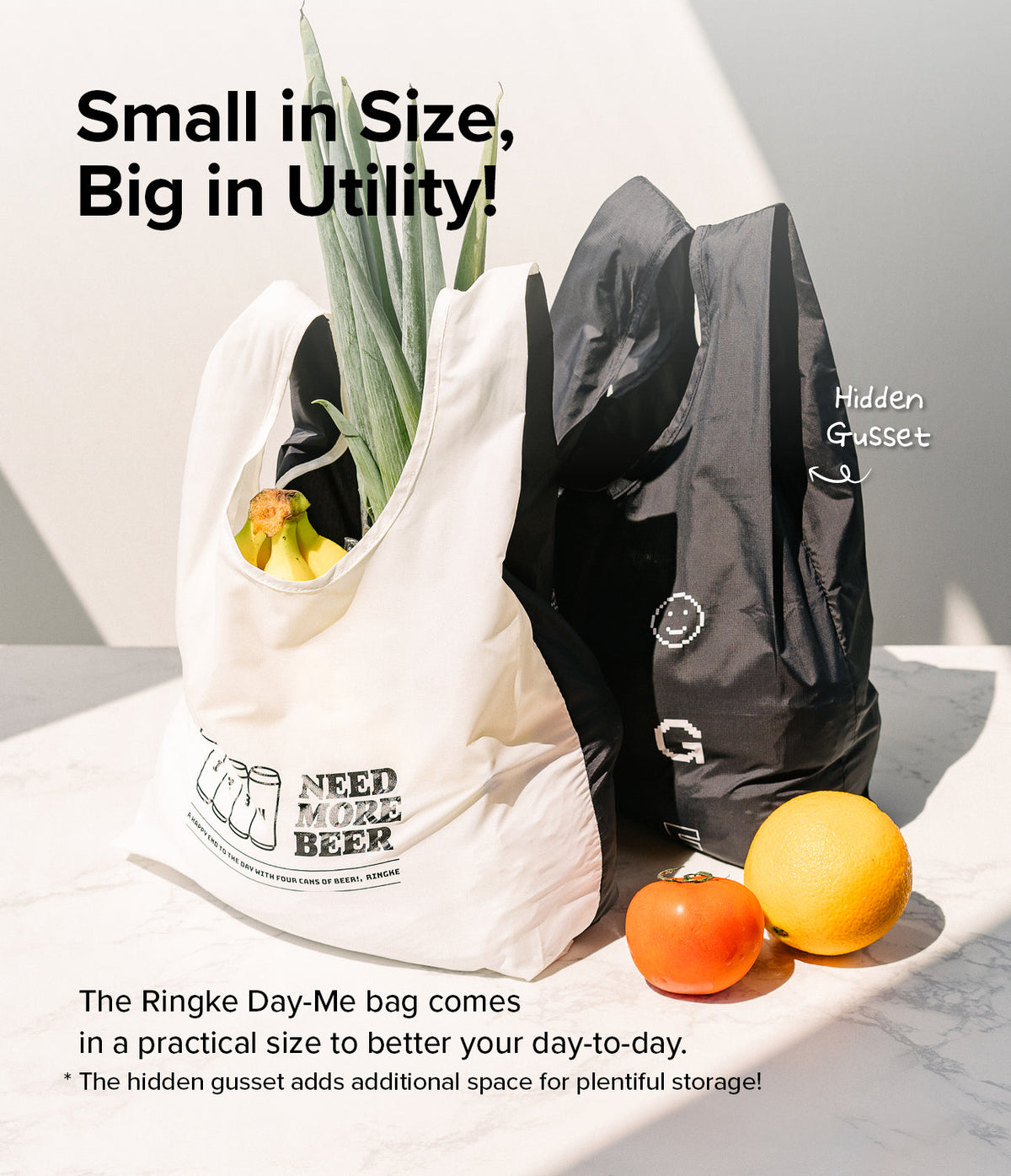 Day-Me Bag - White and black reusable shopping bags filled with groceries on a marble surface with text overlays.